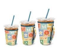 MAYJOYDIY 3 Tailles Manchon en Tissu Patchwork Réutilisable pour Café Glacé, Manchon Isolé en Néoprène à Motif Patchwork Quilt Couvre-Gobelets pour Boissons Chaudes et Froides de 16 à 32 oz