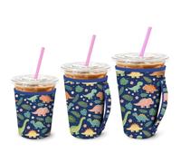 MAYJOYDIY 3 Tailles Manchons de Café Réutilisables Dinosaures Feuilles Tropicales Manchon Isolant en Néoprène Brachiosaure Tricératops Petites Fleurs pour Boissons Chaudes et Froides 16~32oz