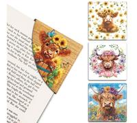 MAYJOYDIY 4 marque Page D'Angle en Cuir Motif Vache des Highlands 4 styles 9 x 9cm Couronne de Fleurs Animaux de la Ferme Accessoires pour Livres pour Femmes Hommes Étudiants Amateurs de Lecture