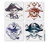 MAYJOYDIY 4 pochoir de Capitaine en Forme de Tête de Mort Réutilisable pour Aventure Nautique pour Peinture 30x30cm Modèle de Dessin de Bateau Pirate avec Pinceau pour Décoration Murale Sol Bois