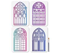 MAYJOYDIY 4 pochoir de Fenêtre Gothique Réutilisable Style Archet Vintage 21 x 29.7cm Style Victorien avec Pinceau pour Décoration D'Album Mur Bois et Tissu