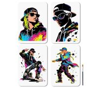 MAYJOYDIY 4 Pochoir de Peinture avec Figurines Hip Hop (Casquette Lunettes de Soleil Microphone Rappeur) 21 x 29.7cm Pinceau Inclus Idéal pour Décorer Fenêtres Bois Murs et Autres Surfaces