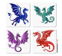 MAYJOYDIY 4 pochoir de Peinture Dragon Réutilisable de 30x30cm Durable et Flexible avec Pinceau pour Peindre Sur Bois Murs Tissus et Meubles
