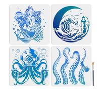MAYJOYDIY 4 Pochoir de Vie Marine Pochoir de Vagues de Sirène 30×30cm avec Pinceau Modèle D'Art de Tentacule de Poulpe Modèles de Bulles Réutilisables pour Murs Meubles Tissu Bois Toile
