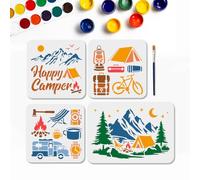 MAYJOYDIY 4 Styles Pochoirs de Camping Pochoirs de Camping Réutilisables pour L'Extérieur 29.7×21/20×20cm Modèles de Peinture Happy Camper avec Pinceau pour Sol Mur Tissu Meubles Décoration