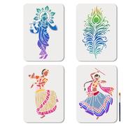 MAYJOYDIY 4pcs Pochoir de Danse Indienne Réutilisable Pochoir de Danseur Tribal pour Peinture 29.7x21cm Modèle de Dessin de Paon avec Pinceau pour Décoration de Mur Meuble Canvas Livre de Recueil