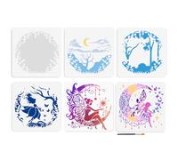 MAYJOYDIY 6 pochoir Magique de Fée Mandala Lune 30 x 30cm Motif de Papillon de Forêt Superposé avec Pinceau pour Travaux Manuels Sur Fenêtre Bois Mur Décoration D'Intérieur