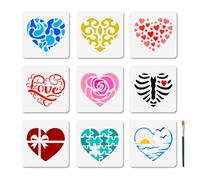 MAYJOYDIY 9 Pochoir de Peinture Florale en Forme de Cœur 20×20cm Coffret Cadeau Puzzle D'Amour Pochoir Réutilisable Texte « LOVE » Modèles de Paysage Marin avec Pinceau pour Fenêtre en Bois Bricolage