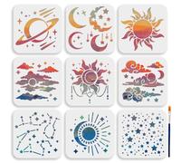 MAYJOYDIY 9 pochoir Étoile Soleil Lune 15× 15cm Planète Nuages Étoile Rivière Modèle avec Pinceau Réutilisable Apollo Soleil Modèle en Plastique pour Peinture Sur Bois Mur Tissu Décoration Intérieure