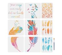 MAYJOYDIY 9Pcs Pochoir de plumes de paon 29.7×21/30×30cm Pochoir de Peinture avec pinceau Modèles de dessin épissure style plume d'oiseau pour L'Artisanat Sur Fenêtre Mur en Bois Décoration