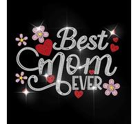 MAYJOYDIY Autocollant Transfert à Repasser Strass Texte "Meilleure Maman du Monde" Fleur Coeur Amour Décalques Strass Fixation à Chaud Décorations Pailletées Vêtements Sacs Jeans Vestes