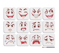 MAYJOYDIY Ensemble de 12 pochoir de Visage de Dessin Animé Réutilisable 15x15cm avec Pinceau pour la Peinture le Dessin de Bandes Dessinées pour la Décoration de Shirts Cartes Murales et Maison
