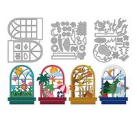 MAYJOYDIY Fenêtres Quatre Matrices de Découpe en Métal Saisons Décor de Fenêtres Modèle de Découpe Printemps Été Automne Pochoirs en Acier au Carbone pour DIY Cartes Scrapbooking Cadeau Album Décor