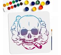 MAYJOYDIY Grands Pochoirs de Crâne Fumant 30 × 30cm Pochoir de Crâne Effrayant D'Halloween avec Pinceau Modèle de Dessin de Tête de Squelette pour Bois Toile Meubles Artisanat Décor