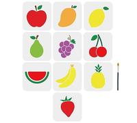 MAYJOYDIY Lot de 10 pochoirs fruits mangue, citron, poire, raisin, cerise, pastèque, banane, ananas, fraise, 15 × 15 cm, avec pinceau pour loisirs créatifs, décoration murale d'intérieur
