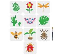 MAYJOYDIY Lot de 10 pochoirs pour plantes et insectes - 15,2 x 15,2 cm - Cactus - Feuilles tropicales - Libellule - Coccinelle - Abeille - Papillon - Fleur - Bugs - Avec pinceau - Pour travaux manuels