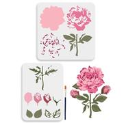 MAYJOYDIY Lot de 2 pochoirs de fleurs de pivoine superposées 30 × 30/29,7 × 21 cm, grand pochoir de fleurs de jardin avec pinceau à peinture, feuilles de pivoine, modèles de dessin pour meubles, bois,