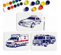 MAYJOYDIY Lot de 3 pochoirs pour voiture, ambulance, voiture de police, 29,7 × 21 cm, grands pochoirs sur le thème de la voiture avec pinceau, camion de pompiers, pochoir pour toile, mur, bois,