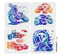 MAYJOYDIY Lot de 4 pochoirs réutilisables de 30 x 30 cm pour motif de casque de course de moto, grands pneus, véhicules tout-terrain, modèles de drapeau de course de voiture pour peinture sur bois