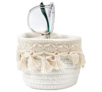 MAYJOYDIY Panier Rond Bohème en Corde de Coton Tressée à Pompons Blancs 12 x 12 x 10cm avec Chiffon de Nettoyage Organiseur de Rangement pour Lunettes Chambre D'Enfant Salon
