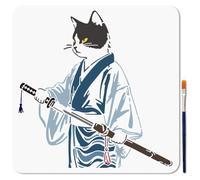 MAYJOYDIY Pochoir chat samouraï dessin animé pour peinture, 30 x 30 cm, modèle de dessin kimono de style japonais avec pinceau pour mur, meubles, papier, toile, album, scrapbooking, décoration