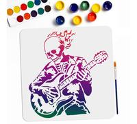 MAYJOYDIY Pochoir Crâne Jouer de la Guitare 30×30cm Grand Pochoir Crâne Musique Rock Réutilisable Squelette Guitares Électriques Modèle de Dessin avec Pinceau pour Art Artisanat Toile Meubles Mur Bois