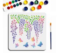 MAYJOYDIY Pochoir de Fleur de Glycine 30×30cm Pochoir de Peinture Fleur de Papillon Insectes Modèles de Dessin Branches Feuilles avec Pinceau pour L'Artisanat Sur Fenêtre Mur en Bois Décoration