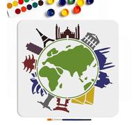 MAYJOYDIY Pochoir de peinture de carte du monde classique 30 x 30 cm, réutilisable, monument, ville, lieux célèbres, architecture, peinture pour mur, décoration d'intérieur, loisirs créatifs