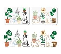 MAYJOYDIY Pochoir de Peinture pour Plantes en Pot Motif Chiens de Dessin Animé 2 x 29.7cm avec Pinceau Idéal pour Décorer Fenêtres Murs et Bois