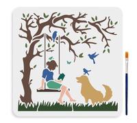 MAYJOYDIY Pochoir Femme Lisant Sous un Arbre 30×30cm Grand Branche D'Arbre Chien Oiseau Pochoir avec Pinceau Modèle de Dessin de Livre de Lecture pour Bois Toile Meubles Artisanat Décoration