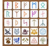 MAYJOYDIY Pochoir Réutilisable avec 25 styles de Runes Vikings Bordure Celtique Alphabet Ancien Symbole Viking avec Pinceau pour Peinture Sur Bois Toile Scrapbooking 25cm