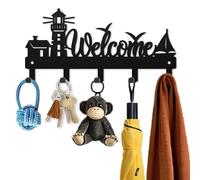MAYJOYDIY Porte Manteau Mural en Métal Phare Noir 12 × 25cm Crochets Muraux de Bienvenue Porte Clés pour Maison Bateau Mouettes pour Mur avec 4 crochets pour Clés Sac Vêtements Écharpe Pendentif