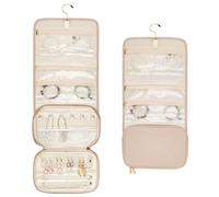 MAYJOYDIY Trousse à Bijoux de Voyage Pliable Beige Grande Capacité de 19.5x25.5cm en Polyester avec Poches Zippées Colliers des Boucles D'Oreilles Bracelets Essentiels de Voyage Portables