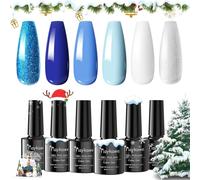 Maykawe Semi-Permanent Nail Polish, 6 Colours Blue Shades Baby Blue Light Blue Royal Blue Glitter Silver White Nail Polish Semi-Permanent Gels, Soak Off Uv Led Nail Art Christmas Gift