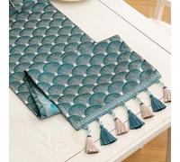 Mayler Yee Chemin de Table en Tissu Jacquard damassé brodé Floral Vintage avec Plusieurs Glands pour Salon, Commode, écharpes (Bleu Sarcelle, 33 x 121,9 cm)