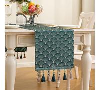 Mayler Yee Chemin de Table en Tissu Jacquard damassé brodé Floral Vintage avec Plusieurs Pompons pour Salon, Commode, écharpes (Bleu Sarcelle, 33 x 228 cm)