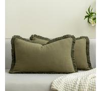 Mayler Yee Lot de 2 housses de coussin à franges avec bordure à pompons pour printemps, style rustique, salon, coton doux et confortable, motif de style bohème (vert, 30,5 x 50,8 cm)