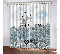 MAYNUO Rideaux Grande Largeur 3D Voilier Cartoon Lot De 2 Rideau Occultant Thermiques Isolant A Oeillet avec Motif 234x230 Cm Salon Thermique Anti Froid, Chambre Maison Décoration