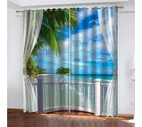 MAYNUO Rideaux Occultants 140x240 Cm Rideaux Occultants Isolant Thermiques À Oeillets Élégant Décoration pour Chambre Salon 3D Balcon Vue Mer Thermique Anti Froid, Lot De 2 Rideaux Motif