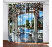 MAYNUO Rideaux Thermiques Isolants Anti Froid Villa Jardin Piscine Moderne 3D Imprimé Motif 160x200 Cm Rideau Occultants À Oeillets pour Chambre, Rideau Salon, Maison Chambre Fenetre