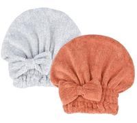 MAYOUTH Lot de 2 serviettes de séchage en microfibre avec nœud papillon - Bonnet de bain pour cheveux bouclés longs et mouillés - Cadeau pour femme (rouge saumon + gris chiné)