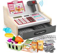 maysida Caisse enregistreuse Rechargeable en Bois pour Enfants avec Scanner, Jouet de Simulation avec Fausse Monnaie, Nourriture, Carte de crédit, pour Tout-Petits garçons et Filles âgés de 2 à 4 Ans