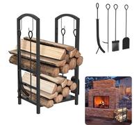 MAYTIIMO Étagère à bois de cheminée avec 4 ustensiles de cheminée, étagère à bûches en fer forgé, étagère en bois pour l'intérieur et l'extérieur, 2 niveaux, pour cheminée, poêle à bois, noire
