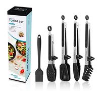 Maywe Tanso Lot de 5 pinces en silicone pour cuisine, 33 cm avec embouts en silicone, pinces antiadhésives en acier inoxydable pour steak, tarte, pizza, pâtes, spaghetti, salade, barbecue, buffet,