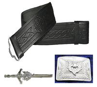 Maze Ceinture de kilt en cuir, boucle et épingle à kilt - Ensemble d'accessoires 3 pièces, Noir en relief avec boucle chardon et épingle à kilt, Size 30 - 36 inches