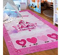Mazovia Tapis Chambre Enfant - Lavable Tapis Imprimé à Poils Courts - Doux Moquette pour Chambre - Tapis Antidérapant Emma - Tapis Enfant Château de la Princesse - Rose Pink 80x150cm