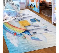Mazovia Tapis Chambre Enfant - Lavable Tapis Imprimé à Poils Courts - Doux Moquette pour Chambre - Tapis Antidérapant Emma - Tapis Enfant Château de la Princesse - Multicolore Bleu 120x170cm