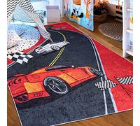 Mazovia Tapis Chambre Enfant - Lavable Tapis Imprimé à Poils Courts - Doux Moquette pour Chambre - Tapis Antidérapant Emma - Tapis Enfant Voiture de Course - Rouge Noir 80x150cm