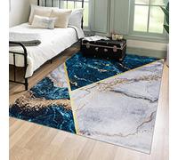 Mazovia Tapis de Sol Moderne - Lavable Tapis Imprimé à Poils Courts - Marbre Abstrait Motif - Doux Moquette pour Chambre - Tapis Antidérapant Toscana - Tapis Salon Bleu Gris Or 140x200 cm