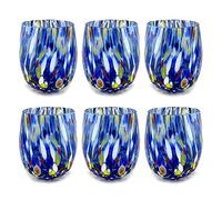 MAZZEGA ART & DESIGN - 6 Verres à eau en verre soufflé et travaillés à la main avec des murrines Murano raffinées et originales - Les couleurs de Murano - Modèle Colombina 435 ml. (Bleu, 6)